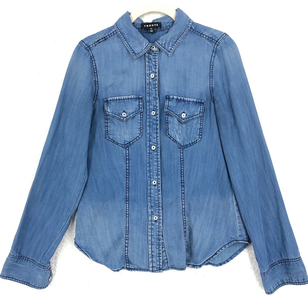 Trouve Nordstrom Womens XS Blue Chambray Denim Shirt Button Down Long Sleeve
